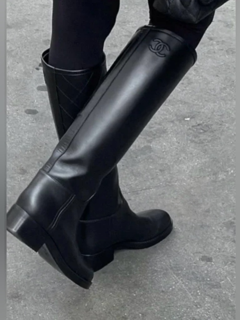 CHANEL Black Leather Riding Boots with Embossed Logo